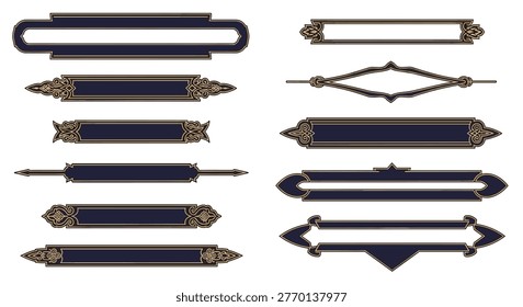 Set of ten elegant dark blue and gold horizontal banners with ornate borders and calligraphic frames for text display.