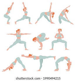 A set of ten female figures in different dynamic yoga poses. Home yoga workouts. Correct performance of the asana. Isolated female figures on a white background. 