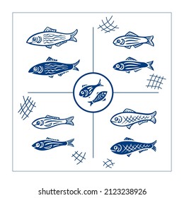 a set of ten fish drawings: 
blue silhouettes on white background, vector