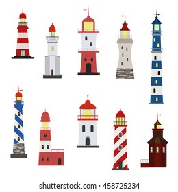 Set of ten flat lighthouses on light background. 