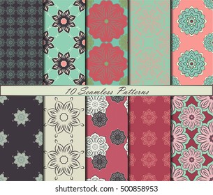 Set of ten floral seamless patterns with mandalas in beautiful colors. Vector background