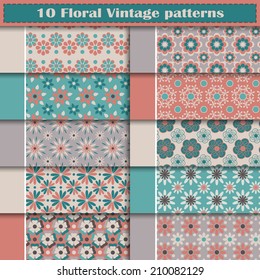 Set of ten floral vintage vector seamless patterns. Endless texture can be used for web design, printing onto fabric and paper or scrapbooking. Swatches included