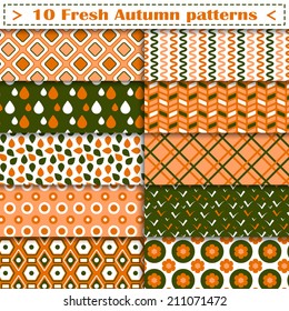 Set of ten fresh autumn vector seamless patterns. Endless texture can be used for web design, printing onto fabric and paper or scrapbooking. White, orange and green colors. Swatches included