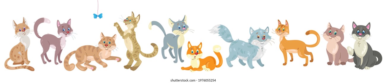 Set of ten funny cats in different colors and  in various poses. Banner in cartoon style. Isolated on white background. Vector flat illustration.