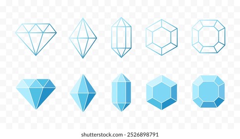 Un conjunto de diez Formas geométricas de diamantes y piedras preciosas en un estilo limpio y minimalista. Diseños delineados y contrapartes llenas de sólidos, que proporcionan contraste entre el espacio negativo y positivo.