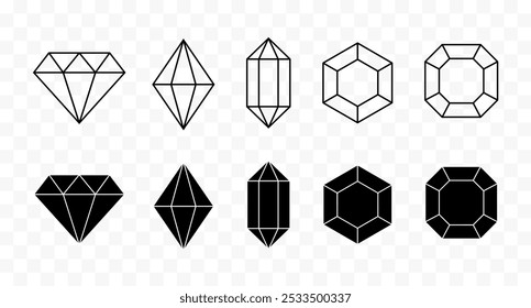 Um conjunto de dez formas geométricas de diamante e pedra preciosa em um estilo limpo e minimalista. Desenhos esboçados e contrapartes cheias de sólido, fornecendo contraste entre espaço negativo e positivo.
