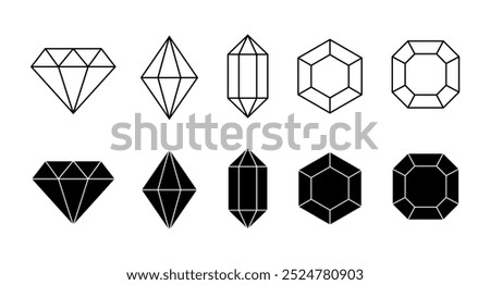 A set of ten geometric diamond and gemstone shapes in a clean, minimalist style. Outlined designs and solid-filled counterparts, providing contrast between negative and positive space.