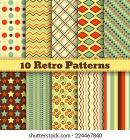 Set of ten geometric retro vector colorful seamless patterns. Endless texture can be used for web design, printing onto fabric and paper or scrapbooking. Swatches included