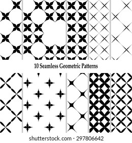 Set of ten geometric seamless vector patterns. Black &White backgrounds.