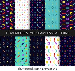 Set of ten geometric textures. Memphis seamless pattern. Wrapping paper design in 80-90s style. Vector. Colorful geometric background. Minimal abstract cover. Pattern templates in swatches panel