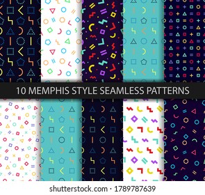 Set of ten geometric textures. Memphis seamless pattern. Vector. Wrapping paper design in 80-90s style. Colorful geometric background. Minimal abstract cover. Pattern templates in swatches panel