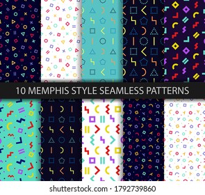 Set of ten geometric textures. Memphis seamless pattern. Minimal abstract cover. Vector. Wrapping paper design. Colorful geometric background. Pattern templates in swatches panel