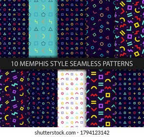 Conjunto de diez texturas geométricas. Patrón sin fisuras de Memphis. Tapa abstracta mínima. Vector. Diseño de papel envuelto. Fondo geométrico colorido. Plantillas de patrones en el panel de swatches