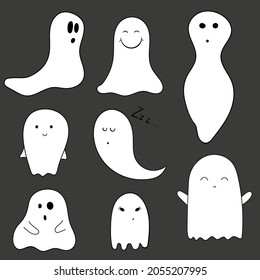 Set of ten ghost outline with various characters isolated on a black background, cartoon Halloween vector illustration