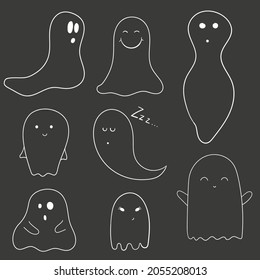 Set of ten ghost outline with various characters isolated on a black background, cartoon Halloween vector illustration