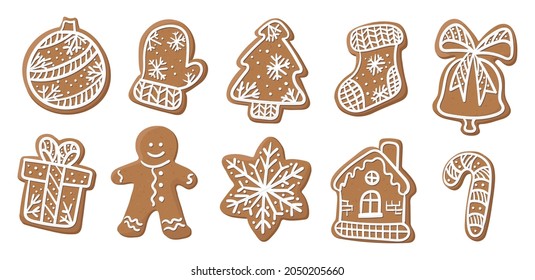 A set of ten gingerbread cookies of different shapes. Vector illustration.