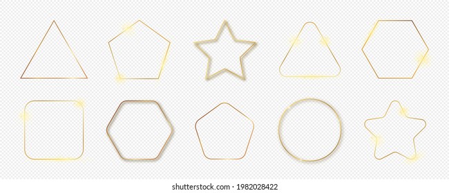 Set of ten gold glowing different geometric shape frames isolated on transparent background. Shiny frame with glowing effects. Vector illustration.