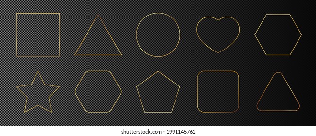 Set of ten gold glowing different geometric shape frames isolated on dark transparent background. Shiny frame with glowing effects. Vector illustration.