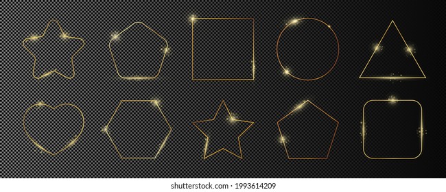 Set of ten gold glowing different geometric shape frames isolated on dark transparent background. Shiny frame with glowing effects. Vector illustration.