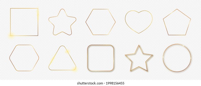 Set of ten gold glowing different geometric shape frames isolated on transparent background. Shiny frame with glowing effects. Vector illustration