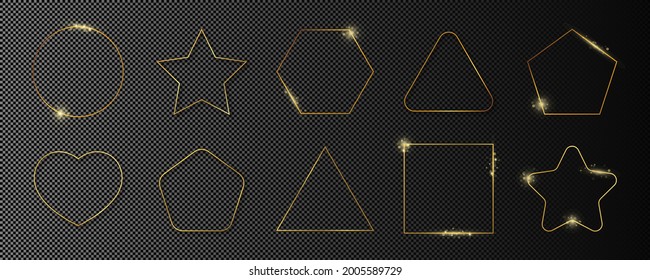 Set of ten gold glowing different geometric shape frames isolated on dark transparent background. Shiny frame with glowing effects. Vector illustration.