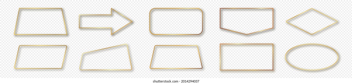 Set of ten gold glowing different geometric shape frames isolated on transparent background. Shiny frame with glowing effects. Vector illustration