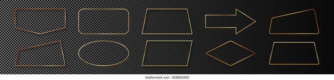 Set of ten gold glowing different geometric shape frames isolated on dark transparent background. Shiny frame with glowing effects. Vector illustration
