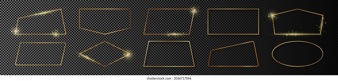 Set of ten gold glowing different geometric shape frames isolated on dark transparent background. Shiny frame with glowing effects. Vector illustration