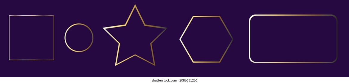 Set of ten gold glowing different geometric shape frames isolated on transparent background. Shiny frame with glowing effects. Vector illustration
