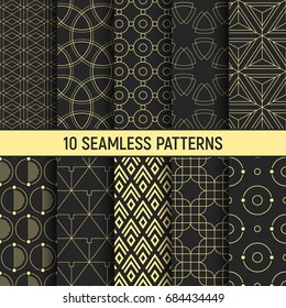 Set of ten gold seamless patterns. Abstract geometrical trendy vector backgrounds. Linear style. Fashion design. Modern stylish textures with triangles, circles, overlapping geometric shapes.
