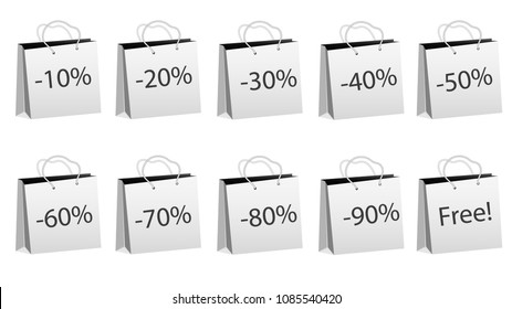 A set of ten gray realistic bulk paper bags for shopping with rope handles and discounts of 10, 20, 30, 40, 50, 60, 70, 80, 90% and for free on a white background. Vector illustration