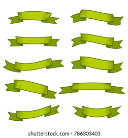 Set of ten green ribbons and banners for web design. Great design element isolated on white background. Vector illustration.
