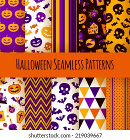 Set of ten Halloween seamless patterns.  Orange Pumpkin and Spider Web, Cauldron, Skull and Bones, flat style. Endless background for your design, web page, texture, wallpaper