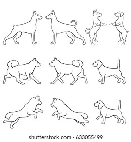 Set of ten hand drawing dog vector outlines over white background