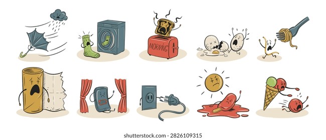 A set of ten hand drawn character illustrations shows funny everyday mishaps involving household objects food weather and technology.