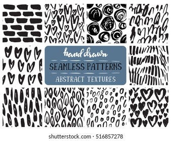 Set of ten hand drawn ink seamless patterns. Endless vector backgrounds of simple primitive scratchy textures with dots, stripes, waves.