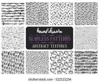 Set of ten hand drawn ink seamless patterns. Endless vector backgrounds of simple primitive scratchy textures with dots, stripes, waves.