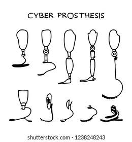 Set of ten hand drawn prosthesis on a white background. Prosthesis for leg.  Modern Exoskeleton Prosthetic mechanism. Cyber prosthesis. Vector illustration.