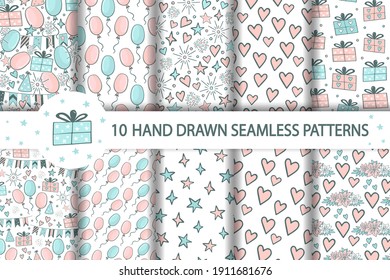 Set of ten hand drawn seamless patterns with cute gifts, balloons, flags, stars, hearts, flowers. Illustration collection vector for Birthday, baby room, card, invitation, wallpaper, wrapping paper