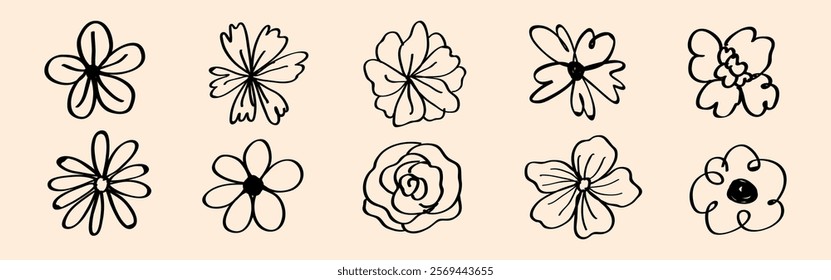 Set of ten hand-drawn floral designs. Black floral sketches on a beige background. Each floral design is unique, showcasing various flower styles. Cute hand drawn floral elements, vector set.