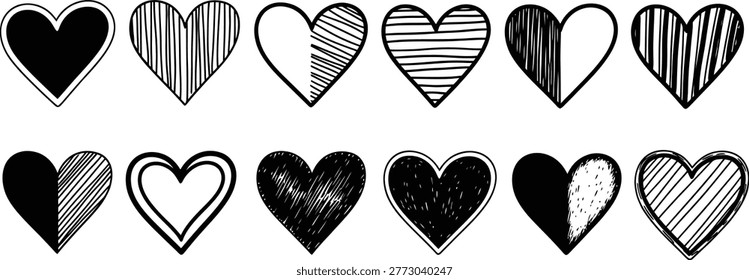 A set of ten hand-drawn heart shapes with varying textures and patterns, creating a whimsical and artistic display of affection.