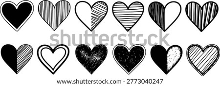 A set of ten hand-drawn heart shapes with varying textures and patterns, creating a whimsical and artistic display of affection.