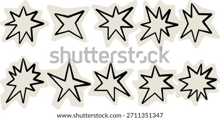 A set of ten hand-drawn starburst and explosion shapes with thick black outlines and a subtle beige background fill, perfect for comic book art.