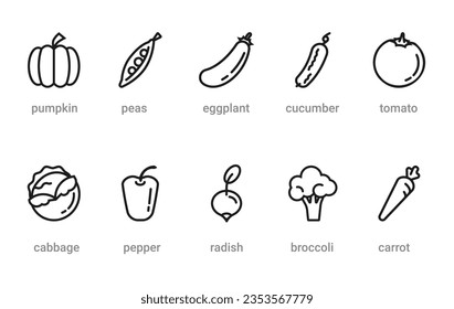 Set of ten healthy food outline icons, vegetables symbols for web and applications. Vector graphic black and white icons.