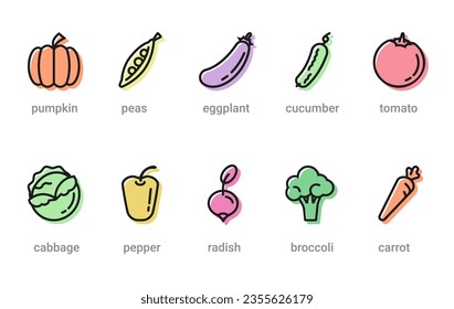 Set of ten healthy food outline icons, vegetables symbols for web and applications. Vector graphic black colored icons.