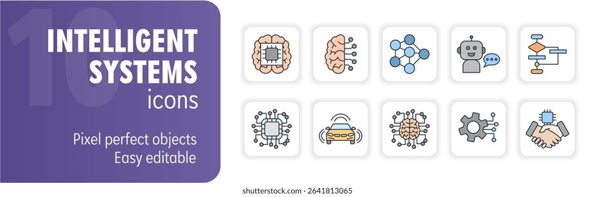 Set of ten icons representing intelligent systems and concepts related to artificial intelligence, machine learning, and automation