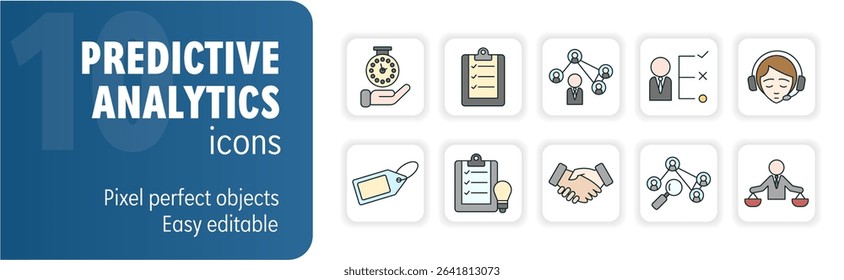 Set of ten icons representing predictive analytics, data science and forecasting