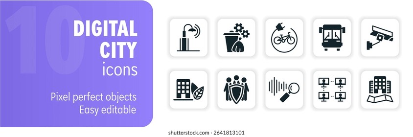 Set of ten icons representing various aspects of a digital city, showcasing concepts like smart technology, sustainability, and connectivity
