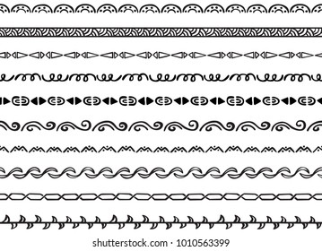 Set of ten illustrated decorative seamless borders made of hand drawn elements in black