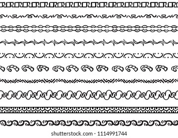 Set of ten illustrated decorative seamless borders made of hand drawn elements in black